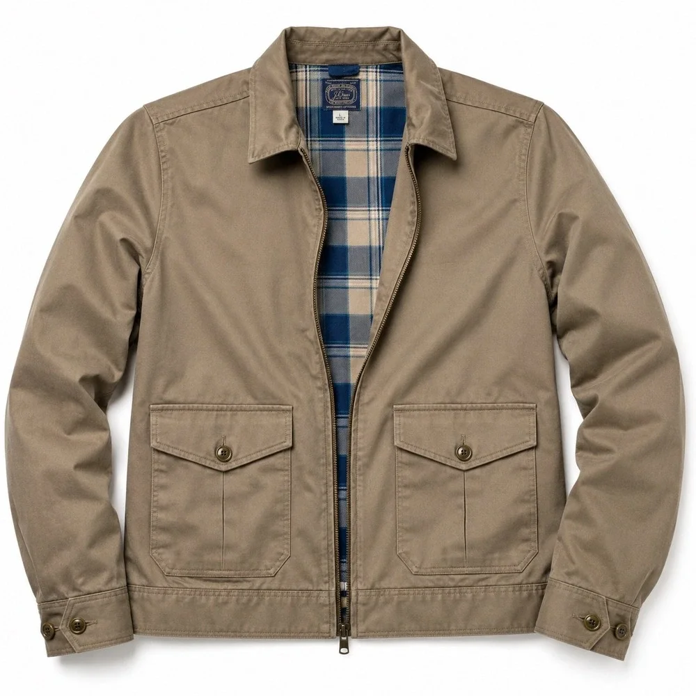 J.Crew Harrington Jacket Men L Tan Full Zip Plaid Lined Cotton Twill Utility EUC